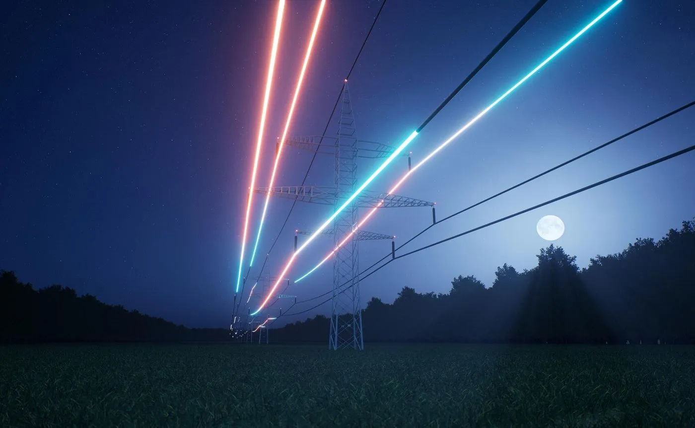 visualization energy flowing through power tower lines night sky infrastructure ensuring transmission electricity through voltage distribution cables 3d render animation 482257 66243